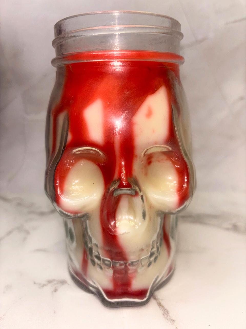 Persephone Spicy Pomegranate Skull Soy Wax Candle Reussable Mason Jar Cup mythical witchy dripping details mythology